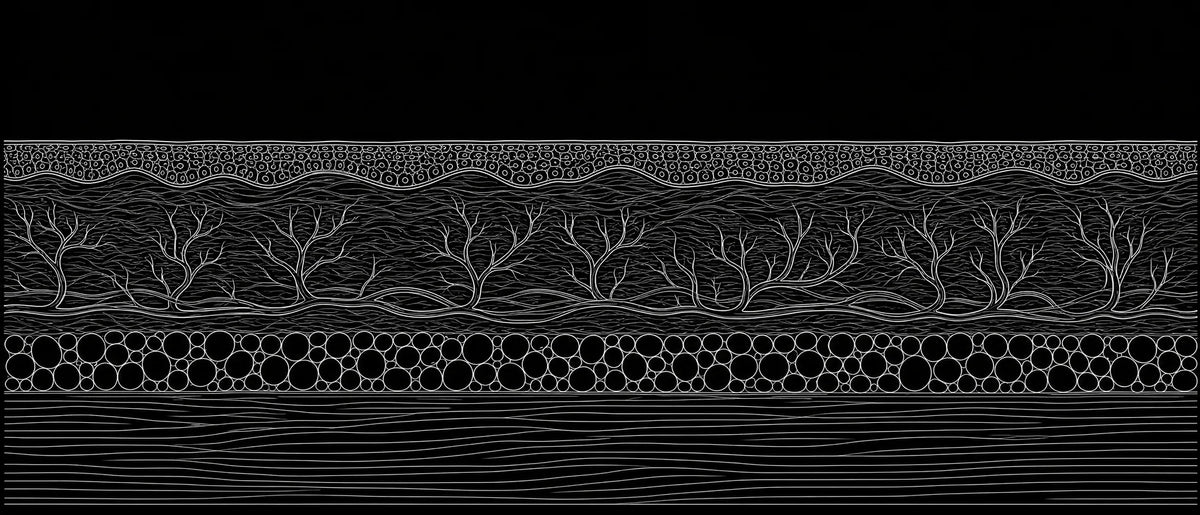 Esquema de un corte de piel por capas: epidermis, dermis, tejido graso y músculo.